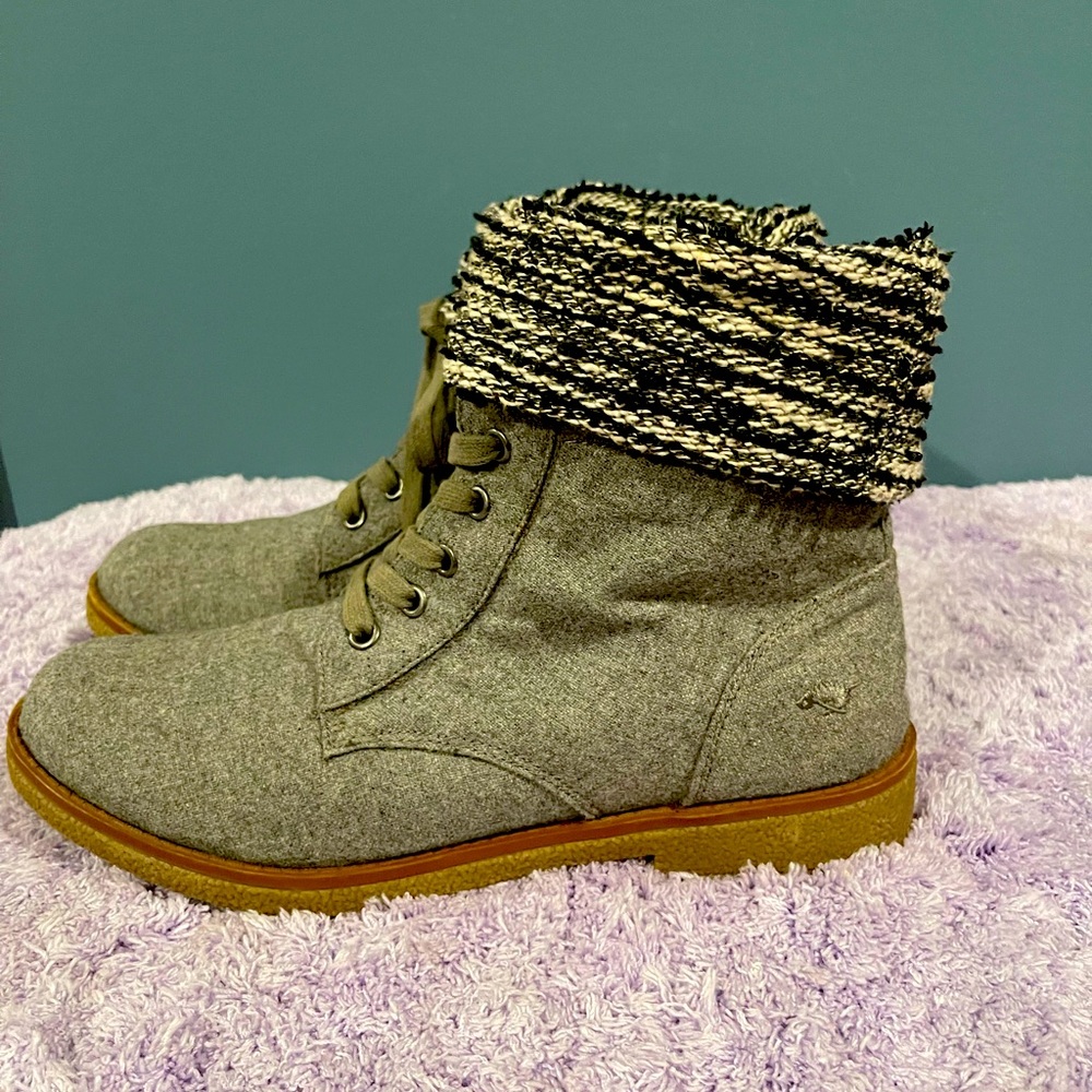 Rocket Dog Womens Gray Ankle Boots Sweater Cuff Grey Side Zip Up Lace Up Size 10